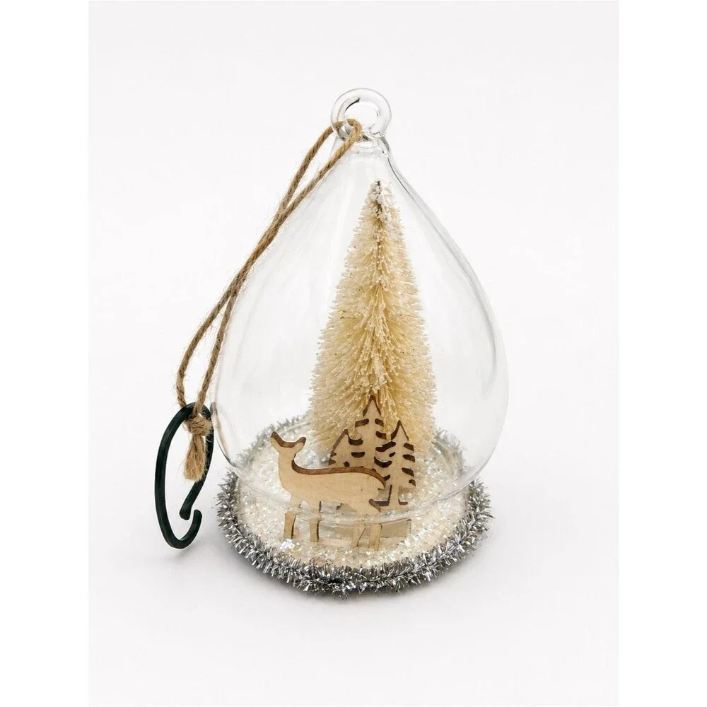 Pottery Barn Glass Woodland Deer Diorama Christmas Ornament Bottle Brush Tree